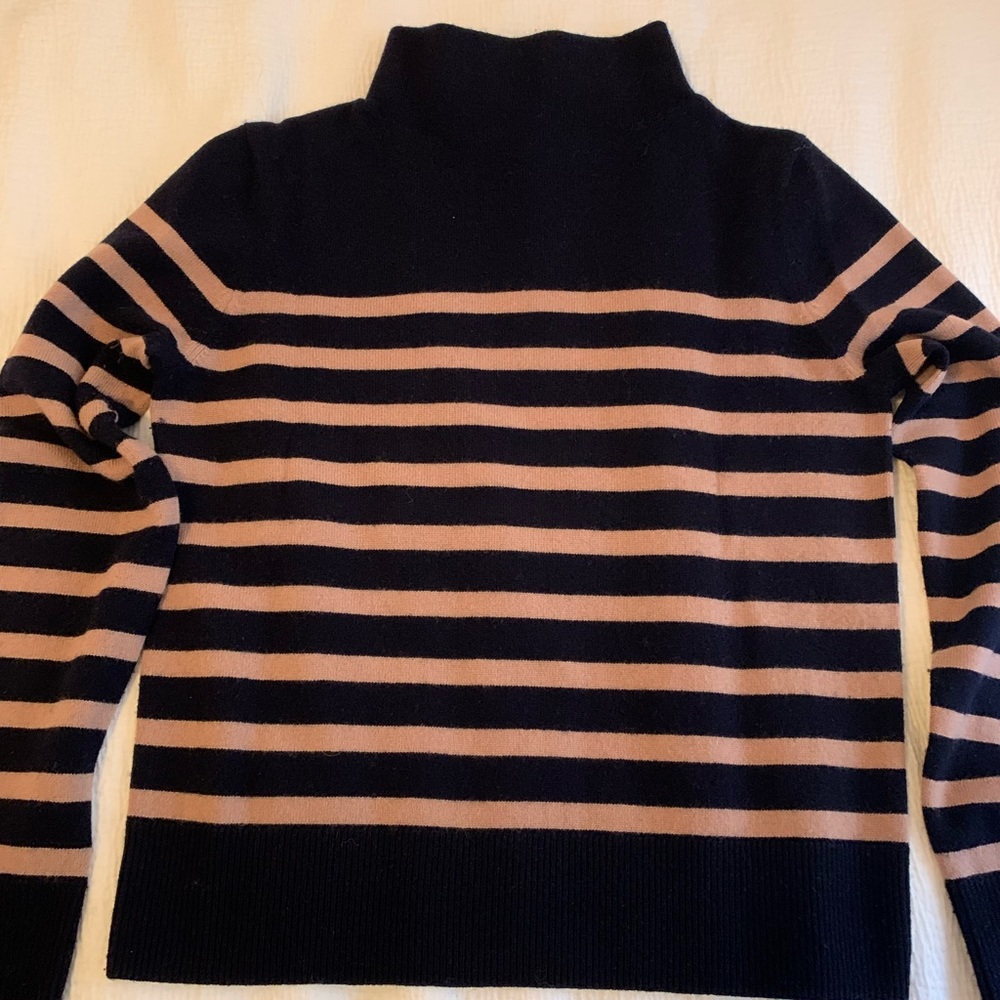 Vince Cashmere/Wool Navy and Camel Stripe Mock Neck Breton Sweater XS
